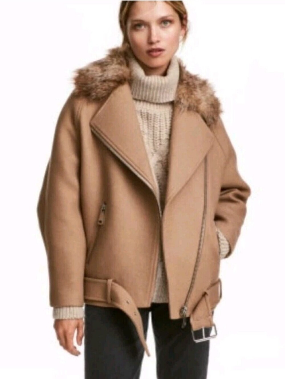 H&M Taupe Faux Fur Wool Blend Collar Belted Jacket_4